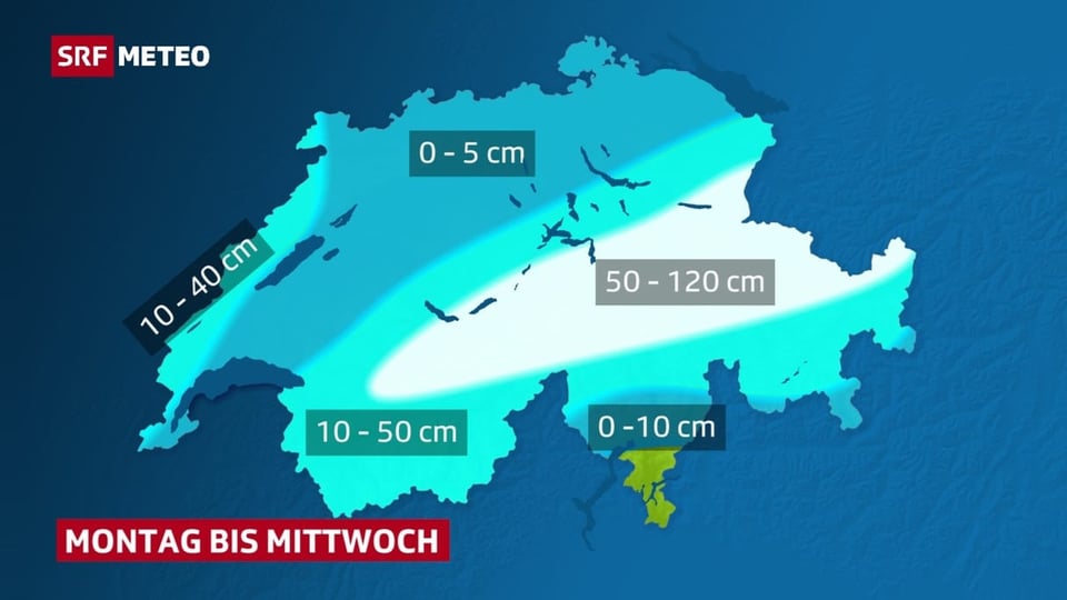 Neuschneekarte der Schweiz für Montag bis Mittwoch der neuen Woche. Am Alpennordhang 50 bis 100 Zentimeter.