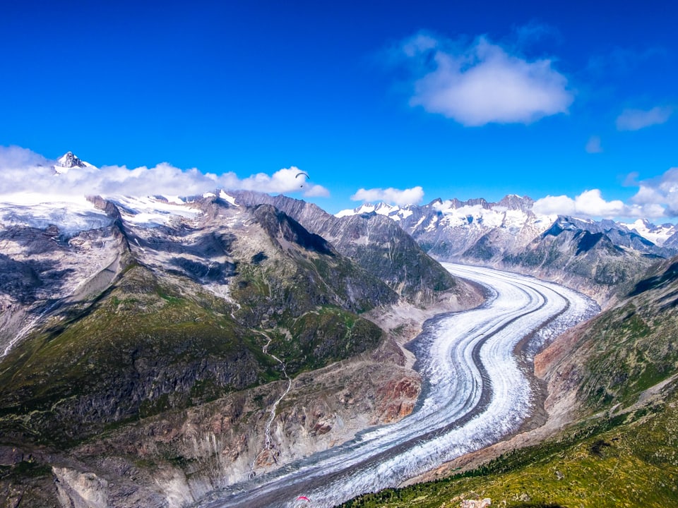 Blick auf den Aletschgletscher und die umliegende Gebirgswelt. Die ehemalige Gletscheroberkante erkennt man an einer Linie entlang der Talflanken: Oberhalb der Linie scheint das Gebrige grünlich, unterhalb der Linie bräunlich.