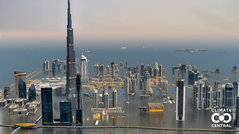 Grafik: Dubais Hochhäuser stehen im Wasser. 