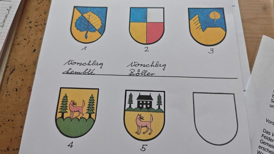 Ein Blatt Papier auf dem 5 verschiedene Wappen abgebildet sind. Eines davon wird das neue Gemeindewappen.
