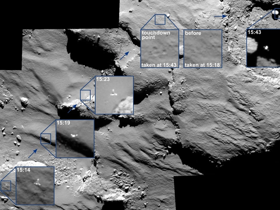 Eine Bildmontage der ESA zeigt Fotos vom Anflug und Touchdown des Landers Philae auf dem Kometen Tschuri.