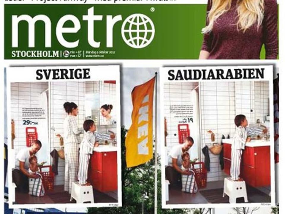  «Metro» zeigt eine schwedische Katalog-Seite mit Frau und eine saudi-arabische Version ohne Frau.