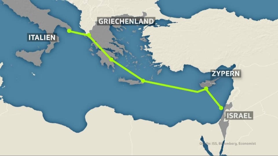 Die Pipeline führt von Israel via Zypern und Griechenland nach Italien.