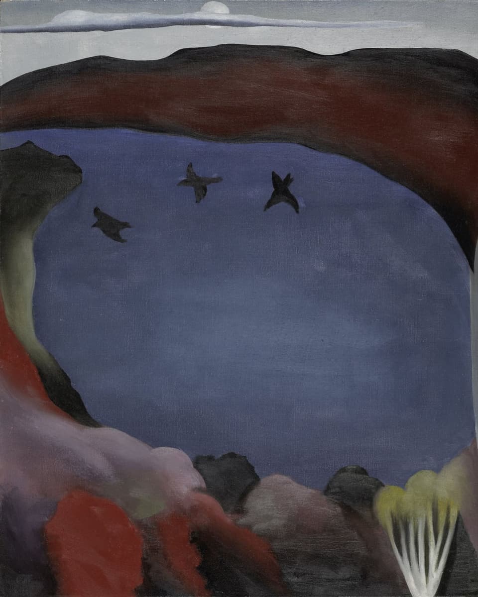 Düsteres Gemälde eines Sees mit drei fliegenden Vögeln.