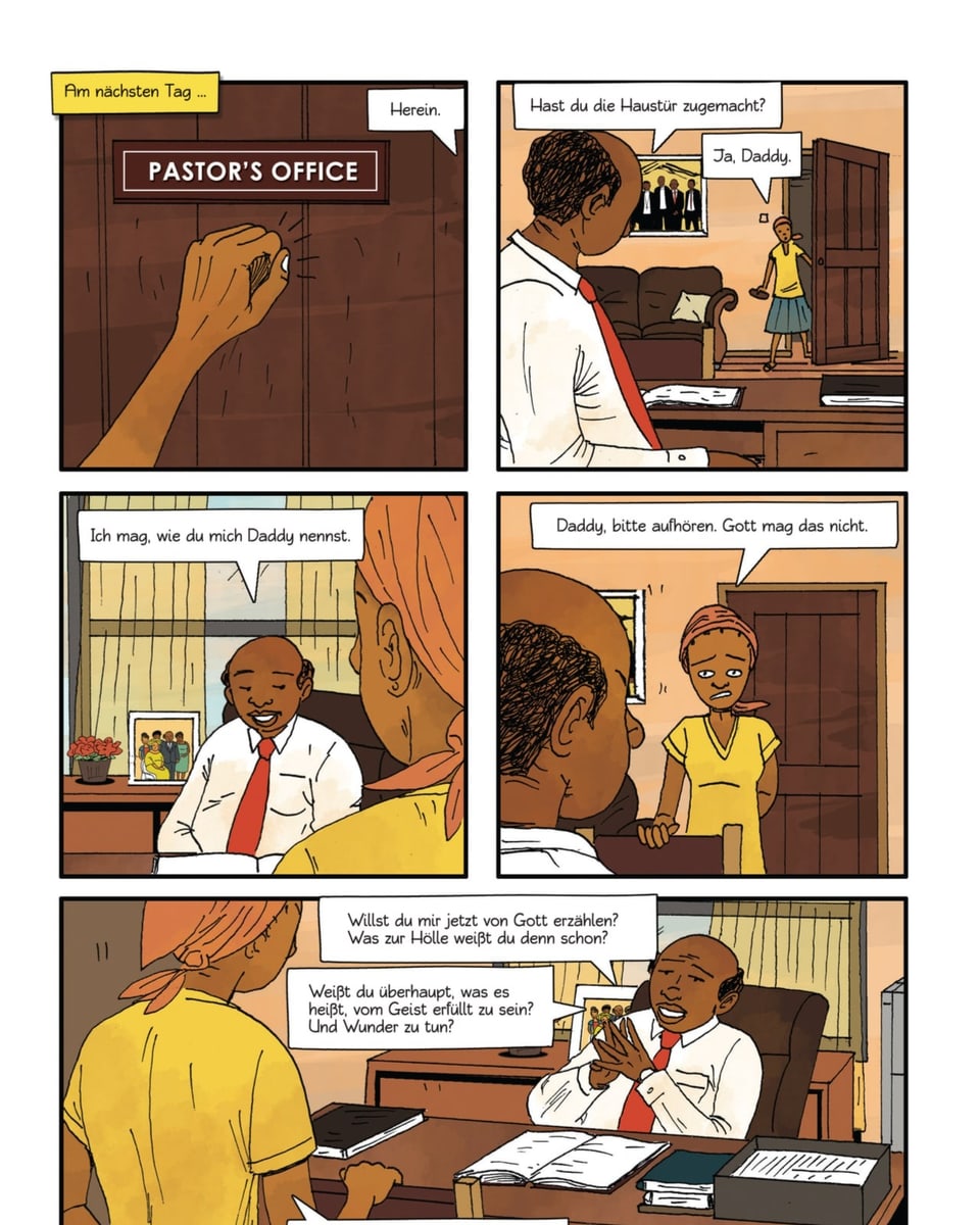 Comicseite: Priester hinter Schreibtisch unterhält sich mit junger Frau