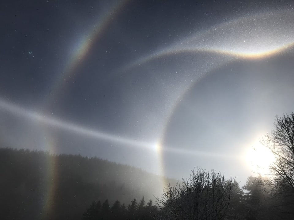 Halo mit Nebensonne, 22°-Ring, oberer Berührungsbogen, Parrybogen, Horizontalkreis, Sonnenbogen
