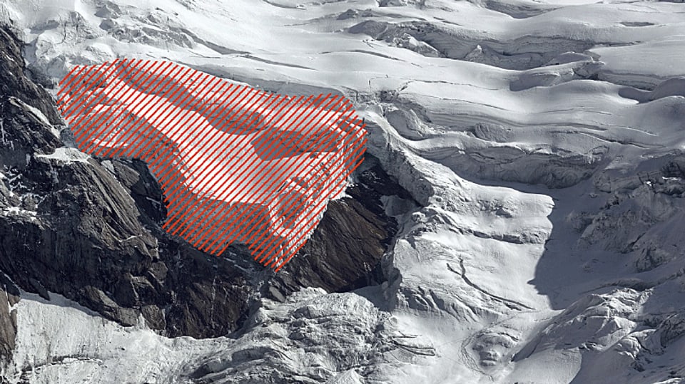 Bild des Triftgletschers, rot schraffiert die instabile Gletscherzunge