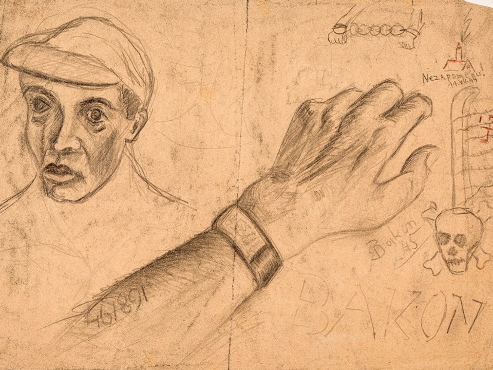 Zeichnung mit einem Kopf, einer Hand und einem Totenkopf.