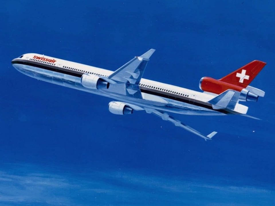 Ein Swissair-Flugzeug in der Luft.