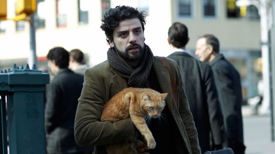 Ein Mann auf der Strasse, eine rot-gestreifte Katze im Arm tragend, in der anderen Hand der Gitarrenkoffer.
