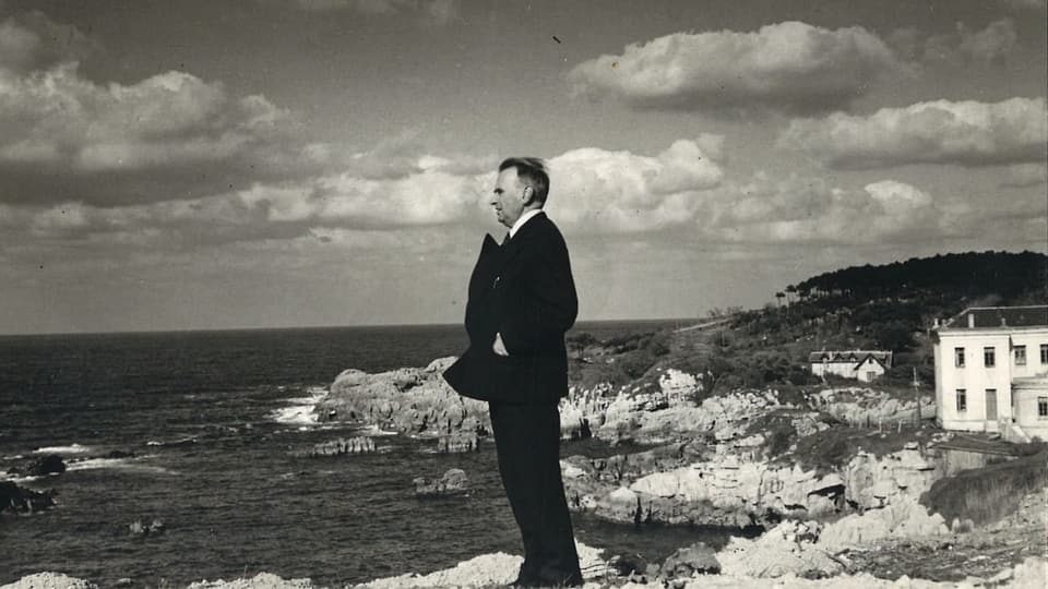 ein Mann steht auf Klippen, blickt über den Ozean