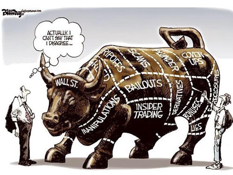 Die Fleischstücke des «Wall Street Bull» tragen Stichworte für kriminelles Verhalten im Finanzgeschäft.