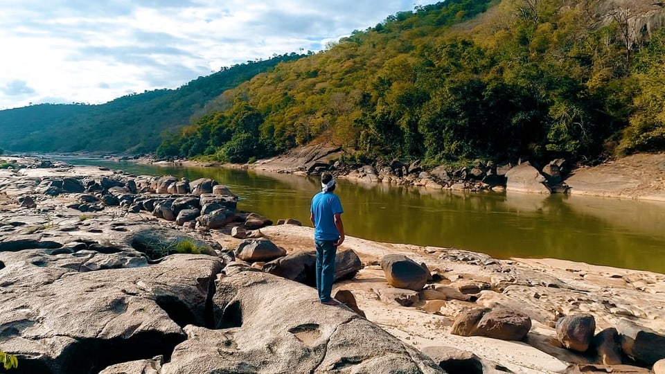 Bild eines grünen Flusses, davor ein Mann im blauen T-Shirt, steht auf Steinen am Ufer, schaut auf Fluss.