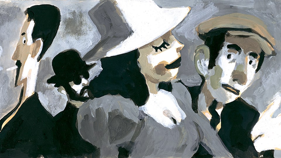 Eine Frau mit Hut und drei Männer auf einer Strasse.