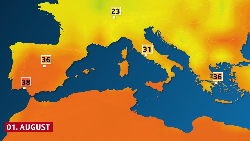 Hitze auf der Iberischen Halbinsel für Montag den 1. August.