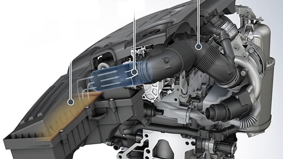 Technische Illustration des eingebauten Luftgitters im VW-Dieselmotor.