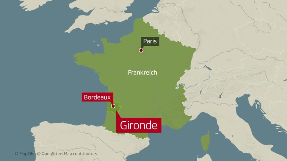 Karte von Europa, Frankreich ist grün markiert. Pfeile weisen auf Bordeaux und Gironde an der Atlantikküste.