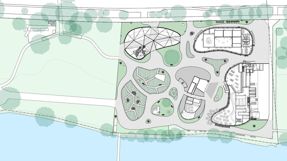 Auf einer Karte ist skizziert, wo im Erlebnisgarten Bühnen, Pavillons oder GRünflächen geplant sind.