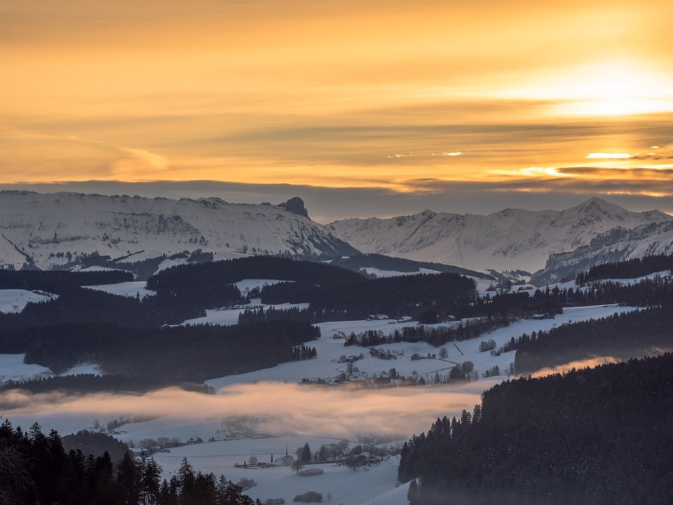 Morgenstimmung auf dem Möschberg oberhalb von Grosshöchstetten mit Blick Richtung Emmental und Berner Alpen.