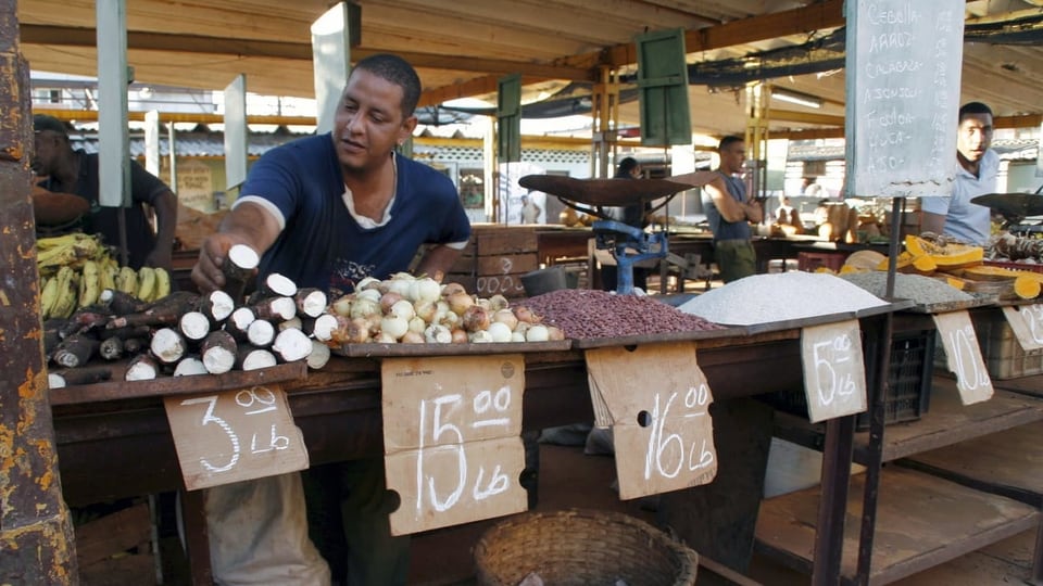 Ein dunkler kubanischer Verkäufer steht hinter einem Markstand. Vor ihm liegen diverse Produkte (zum Beispiel Manjok, Zwiebeln und Bananen)