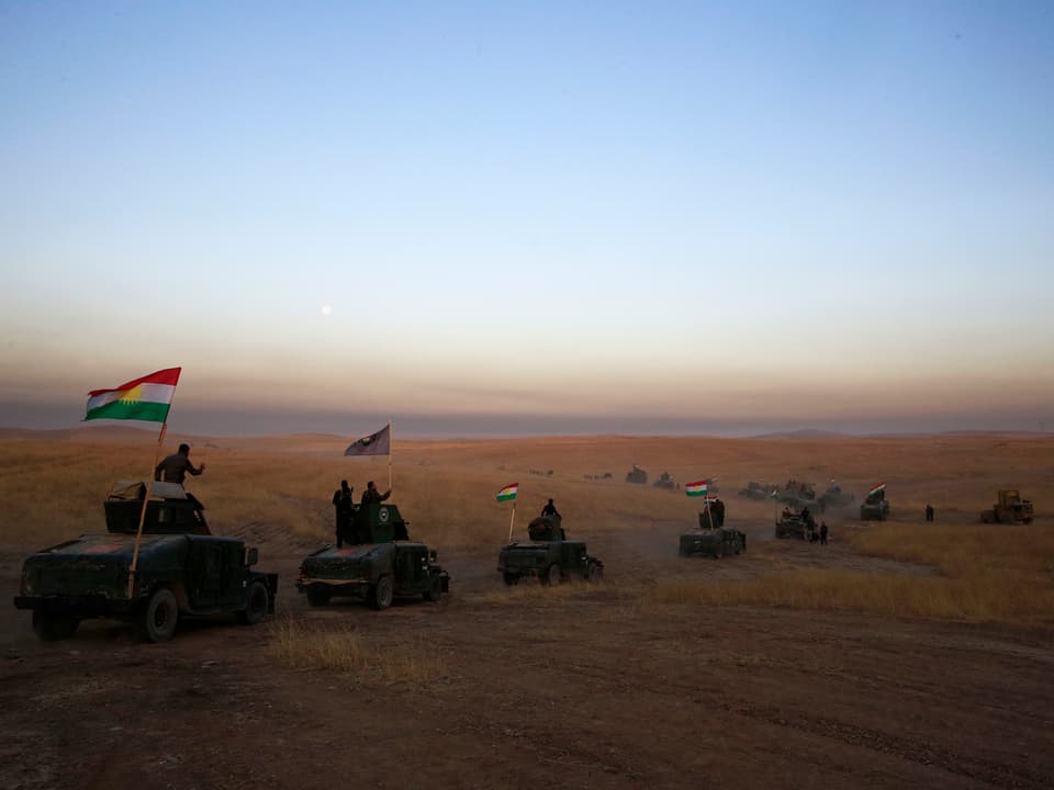 Militärfahrzeuge fahren durch irakische Wüste.