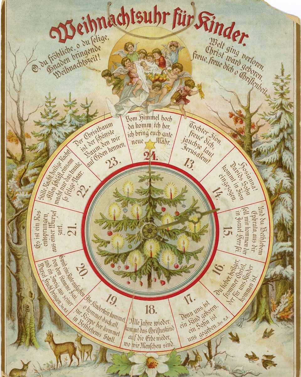 Ein historischer Adventskalender in Form einer Uhr.