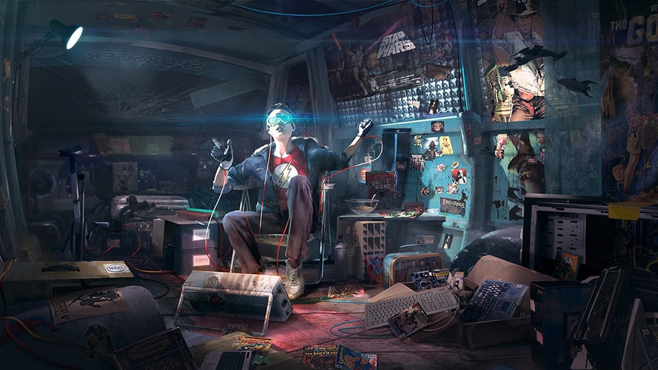 Zeichnung: Ein Mann sitzt in einem chaotischen Zimmer. Er hat eine VR-Brille auf.