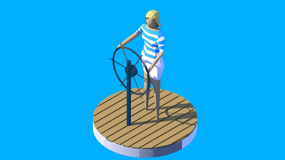Darstellung einer Weltumseglerin an einem Steuerrad auf einem Segelboot vor blauem Hintergrund.