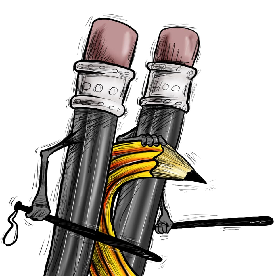 Comic: Zwei Bleistifte mit Radiergummi-Köpfen führen ein gebeugtes Bleistift ab.