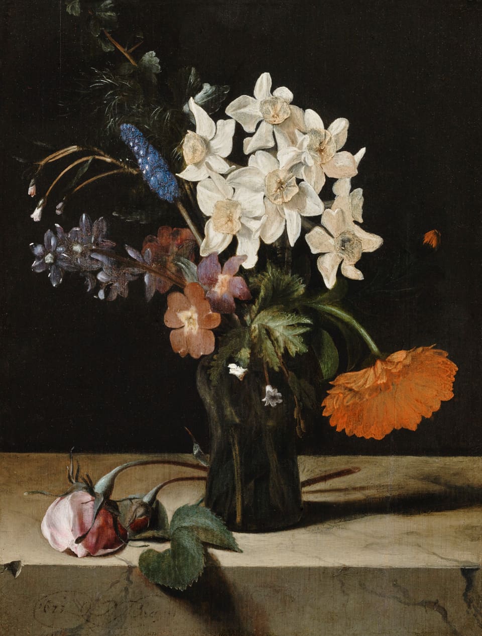 Gemälde mit dem Titel: Narzissen und andere Blumen in Glasvase auf der Marmorplatte