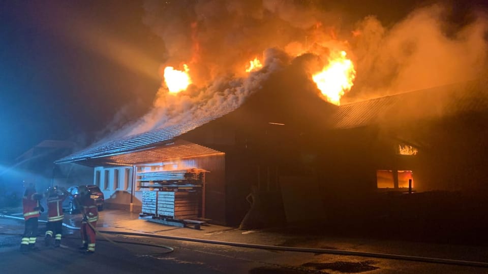 Brennendes Bauernhaus mit Scheune, davor Holzstapel