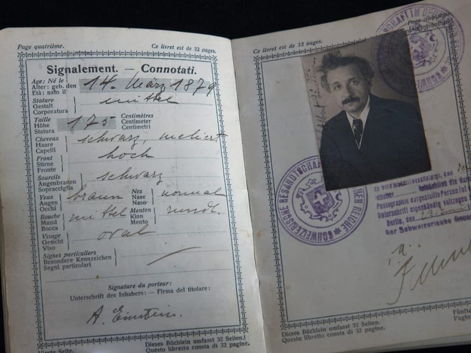 Das Bild zeigt den offenen Pass mit eingeklebtem Foto und handgeschriebenen Informationen.