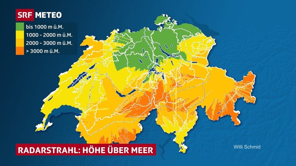 Schweizer Karte, grüne Einfärbung im östlichen Flachland, rötlich in den Alpen.