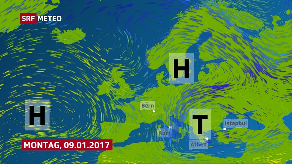 Die Europakarte zeigt ein Hochdruckgebiet über dem Atlantik und ein Tiefdruckgebiet über der Adria.