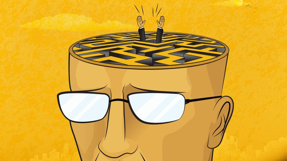Cartoonartig aufgeschnittener Kopf, der statt eines Gehirns ein Labyrinth enthält.