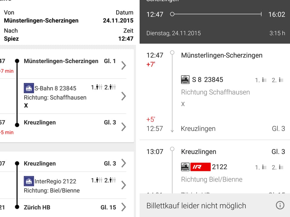 Screenshot der neuen und alten SBB-App: Abfrage des Fahrplans. 