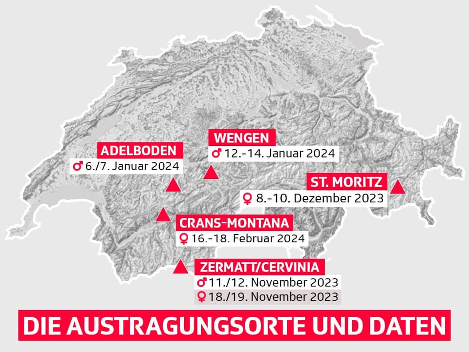 Hier wird in der Schweiz gefahren. Eine Schweizerkarte mit den Daten der Skirennen der Frauen und Männer.