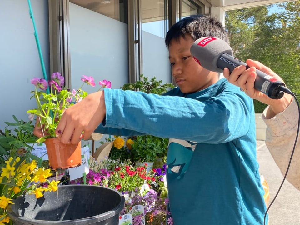 Der Junge hält einen Topf mit rosa Blüten in der Luft, die er gerade zuvor ins Wasser getaucht hat.