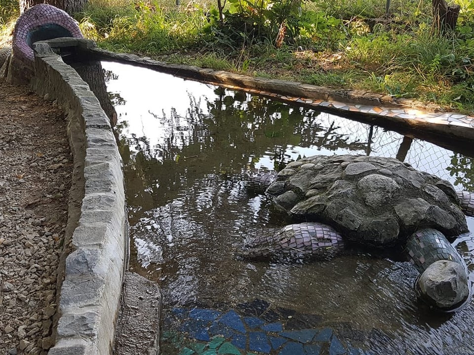 Eine Steinschildkröte in einem flachen Brunnen.