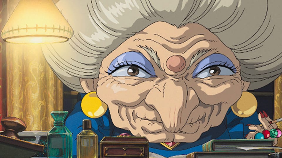 Eine alte Frau mit grosser Nase und Warze im Gesicht.