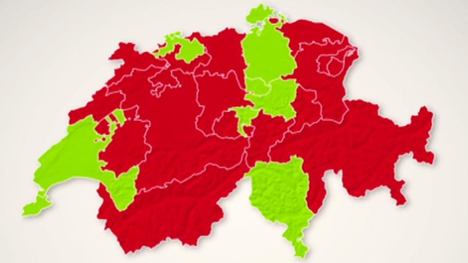 Schweizer Karte mit rot und grün eingefärbten Kantonen.