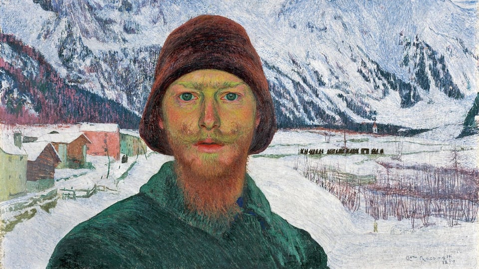 Gemälde eines jungen Mannes, der mit Wintermütze vor einer verschneiten Winterkulisse steht.