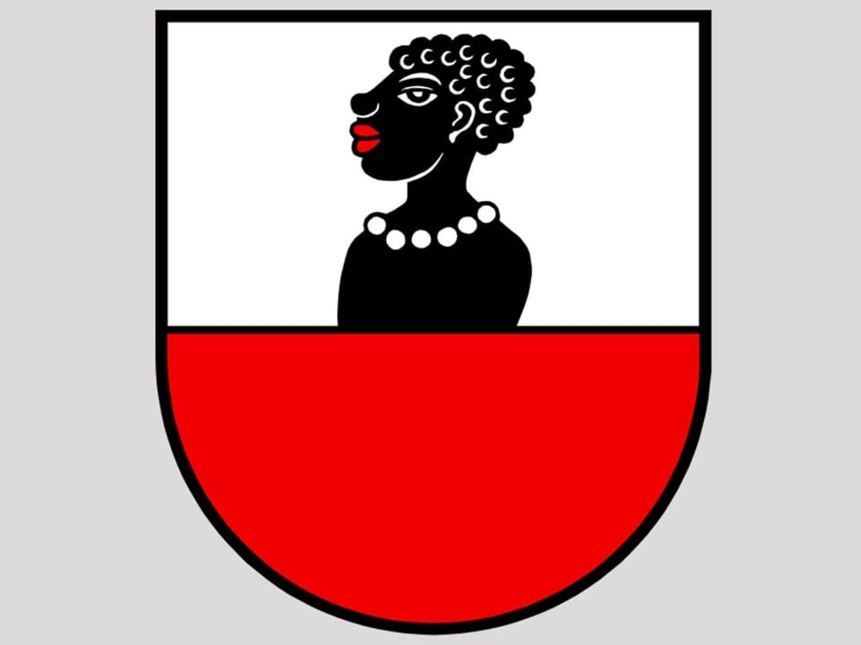 Wappen mit der Darstellung einer schwarzen Person mit roten Lippen.