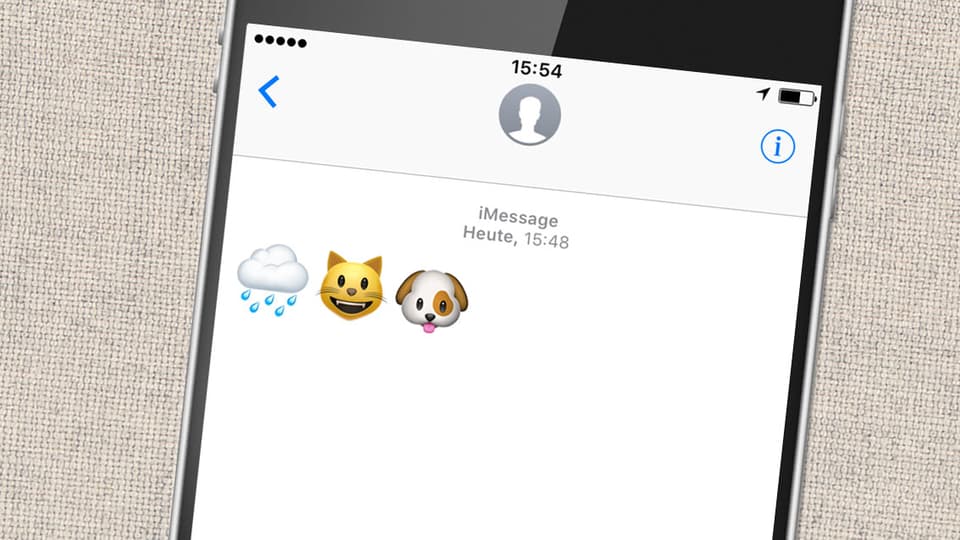Smartphone mit geöffneter Textnachricht, in der Emojis mit Regenwolke, Katze und Hund angezeigt wird.