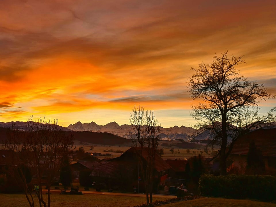 Oranger Himmel über Mittelland mit Blick zu den Alpen