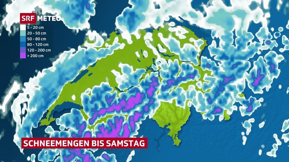 Die Karte zeigt die potenzielle Neuschneemenge der kommenden Tage. Am meisten Schnee fällt in den westlichen Alpen und im Wallis.