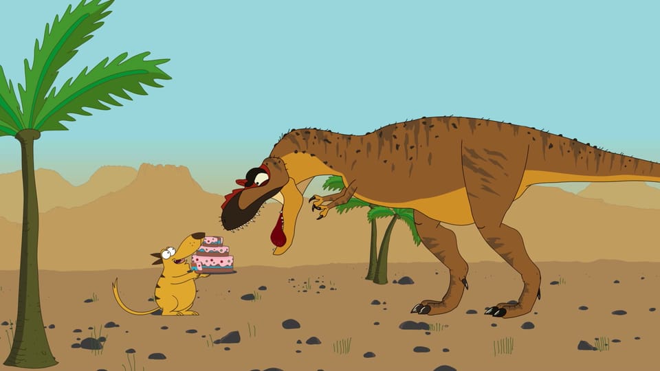 Ein kleines Tier streckt einem grossen Dinosaurier eine Torte hin.