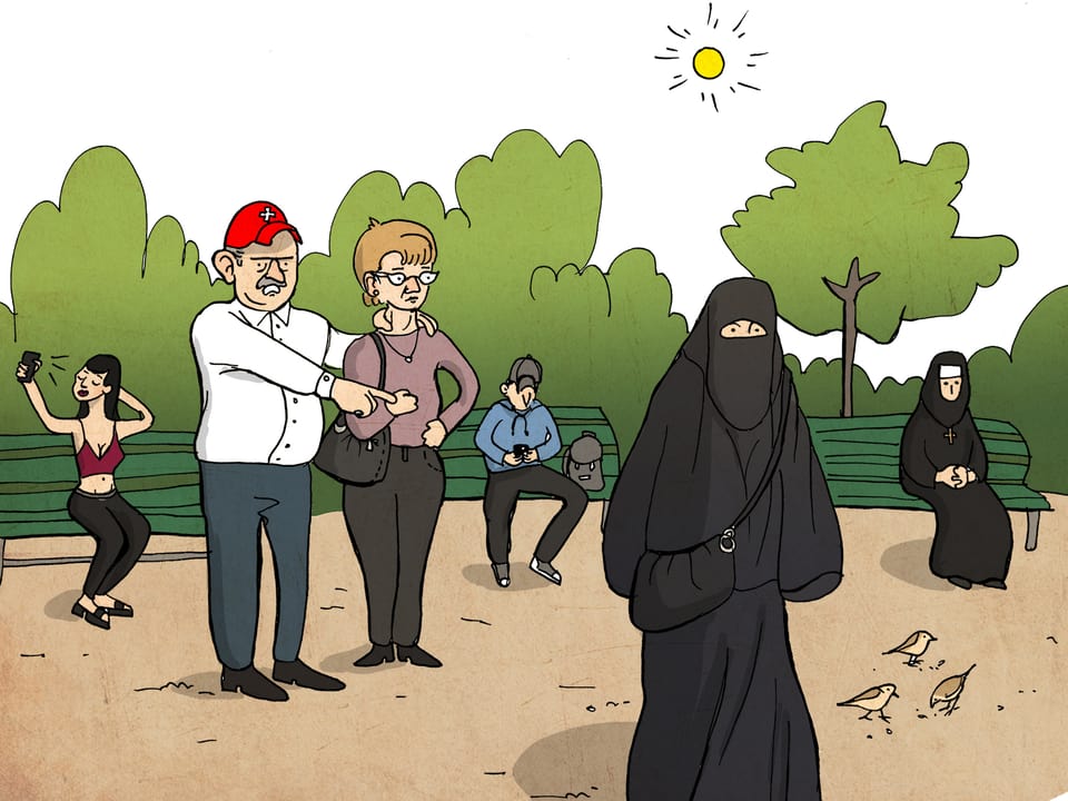 Ehepaar zeigt auf Frau mit Burka, dabeben sitzt verschleierte Nonne 