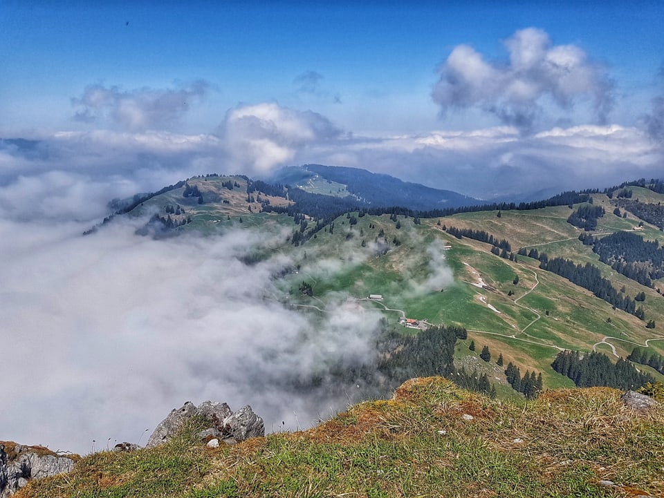 Vom Gipfel aus sah unser SRF Augenzeuge das Nebelmeer und den Haggenegg, welcher sich mit 1414 m knapp über dem Grau befand.