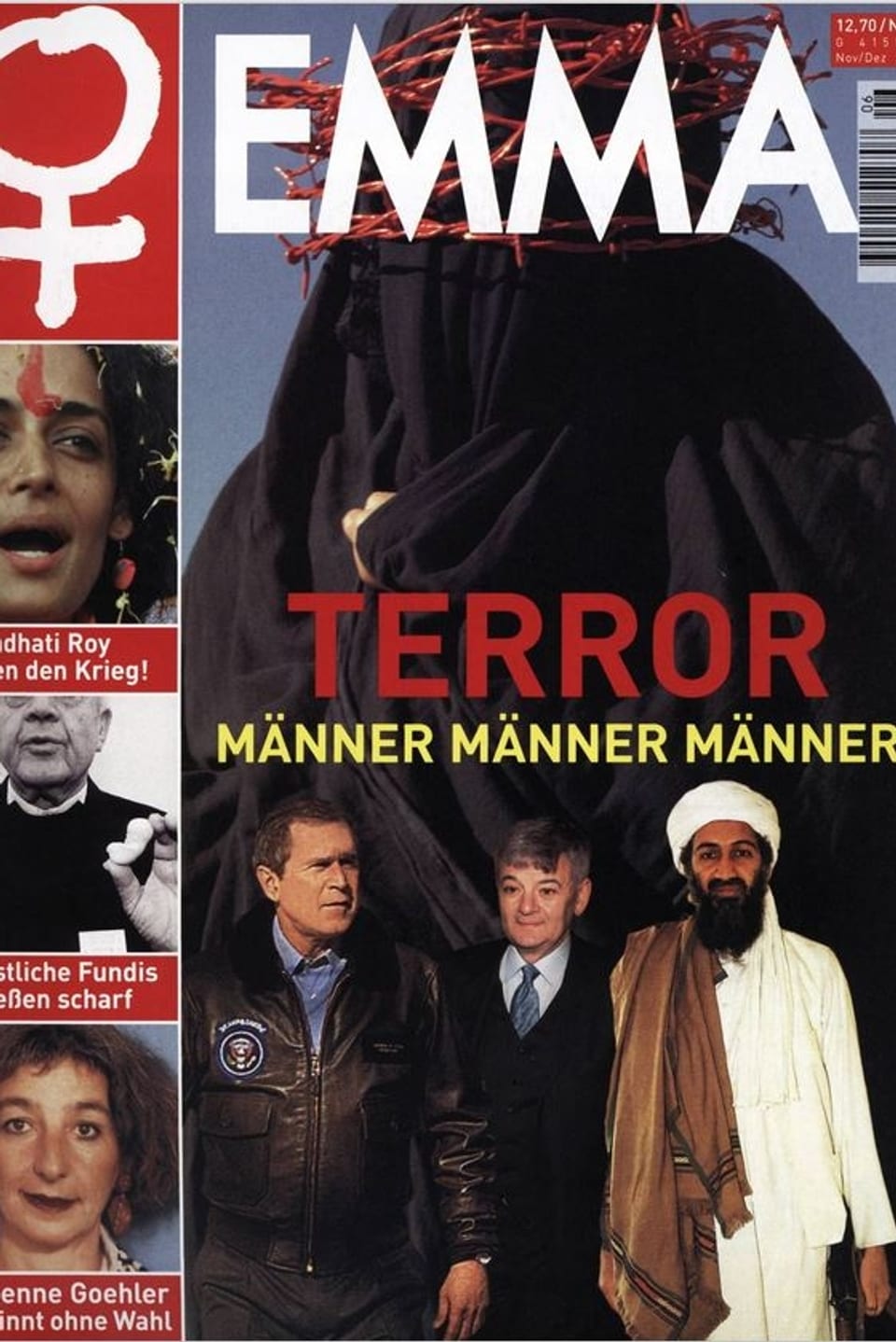 Frau mit Burka und Dornenkrone, davo OSama Bin Laden. 